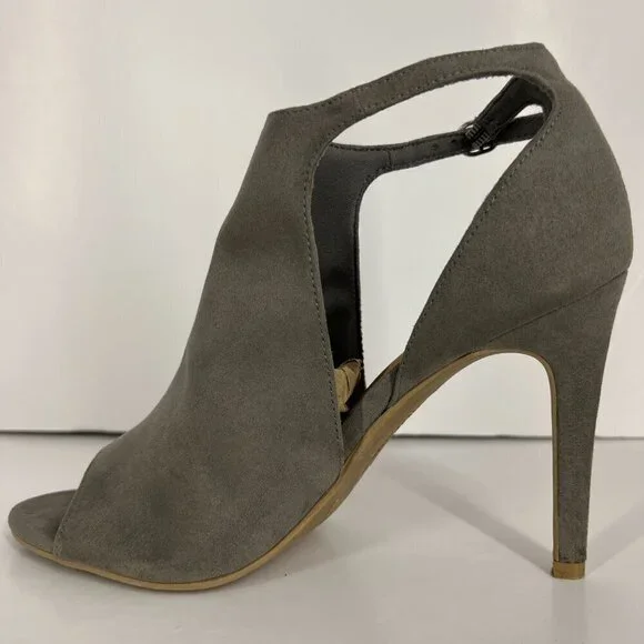 Christian Siriano Taupe / Green Faux Suede Open Toe High Heels Sz 8.5 - Picture 8 of 15